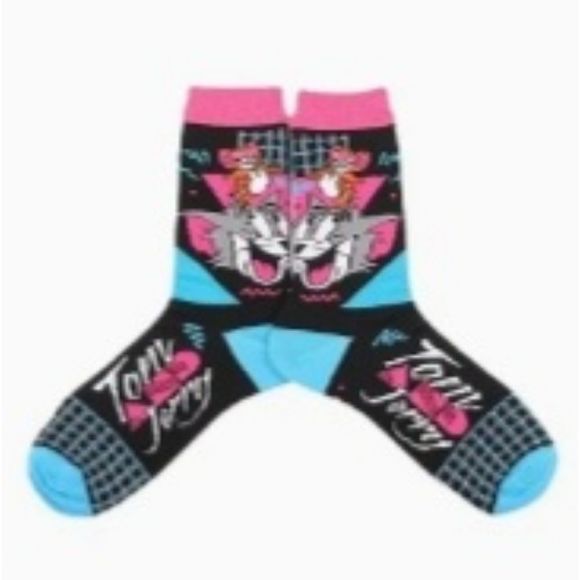 Nwt Tom and Jerry socks black hot pink blue cartoon fun socks unisex - Picture 2 of 8